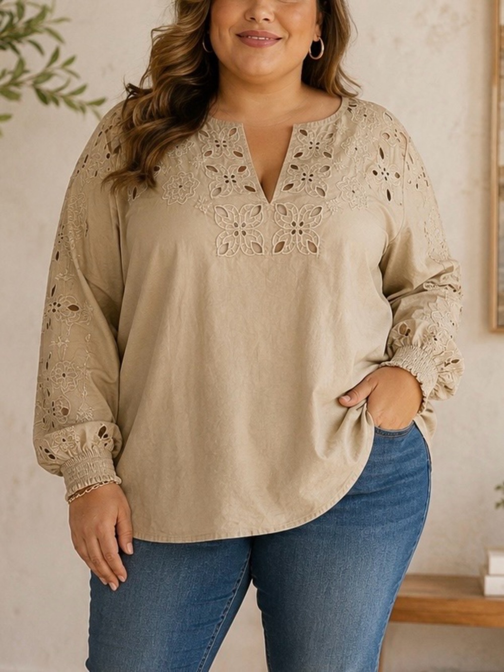 Lane Bryant Beige Embroidered Eyelet Cotton Boho Peasant Top Plus Size 18